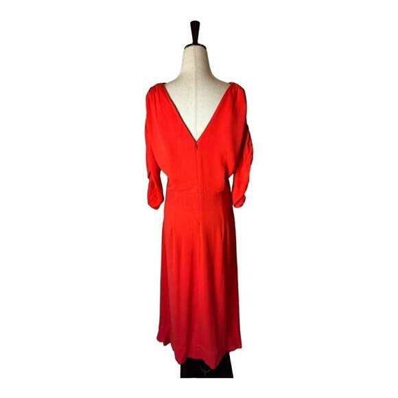 Nicholas Dress Women 10 Red V Neck Gathered Sleeve Fit And Flare Midi - Picture 3 of 12